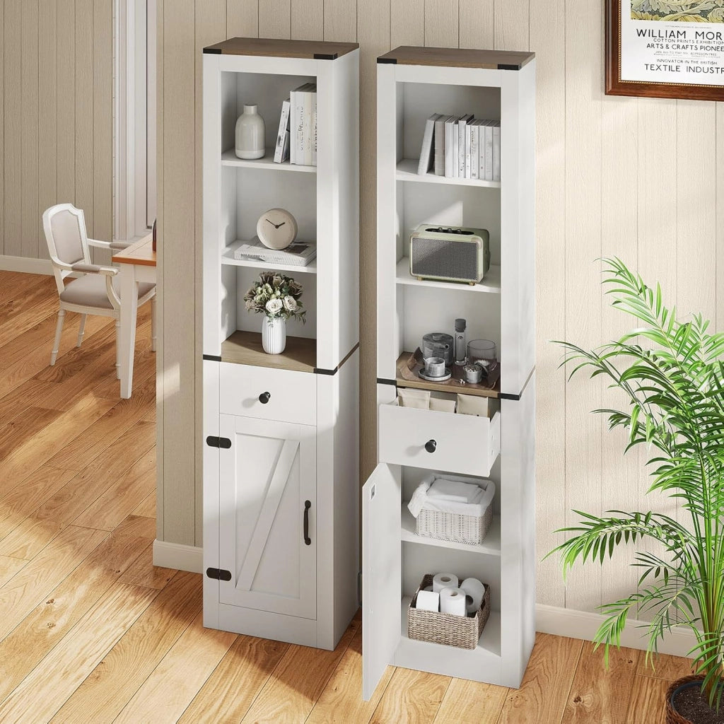 Armadio Bagno Salvaspazio, Mobile Bagno Alto Stretto con Scomparti Aperti, Cassetto e Ripiani Regolabili, Colonna Bagno per Lavanderia, Soggiorno e Cucina, 40 x 24 x 173 cm