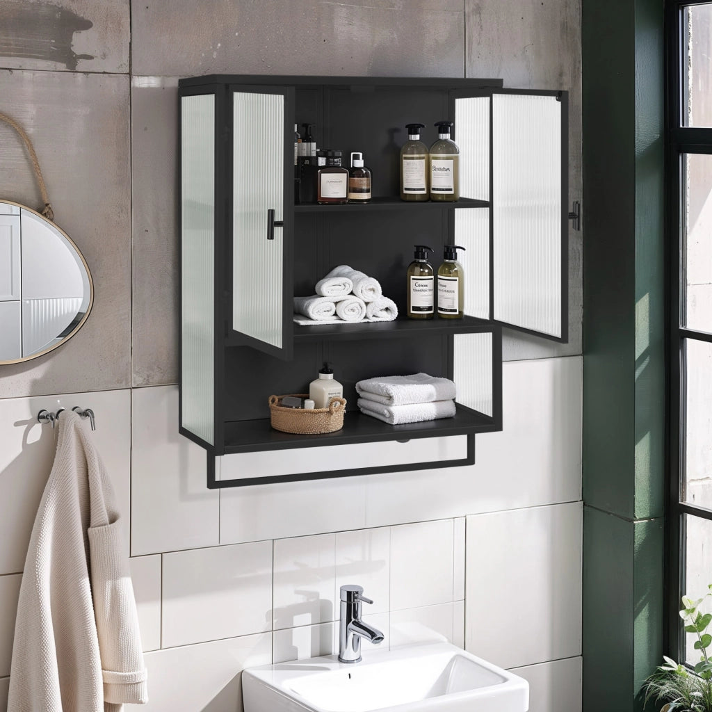 Mobile pensile da parete nero con vetro scanalato, 60×23×78 cm