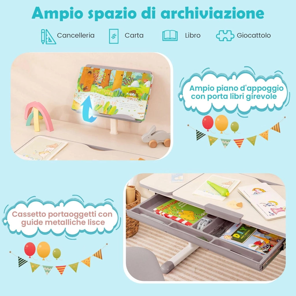 Scrivania per Bambini, Tavolo per Studenti con Regolabile in Altezza, con Piano Ribaltabile, Libreria, Cassetti e Righello di Misurazione, Ergonomica, Ideale per Bambini 3-12 Anni (Grigio)