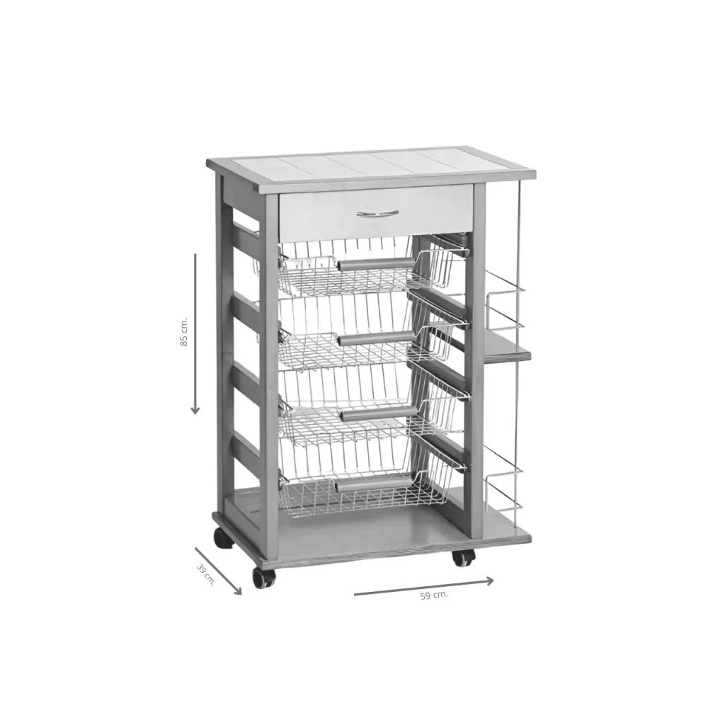 Carrello da cucina 4 cestini estraibili con ripiani porta bottiglie ed un cassetto Vesuvio colore bianco