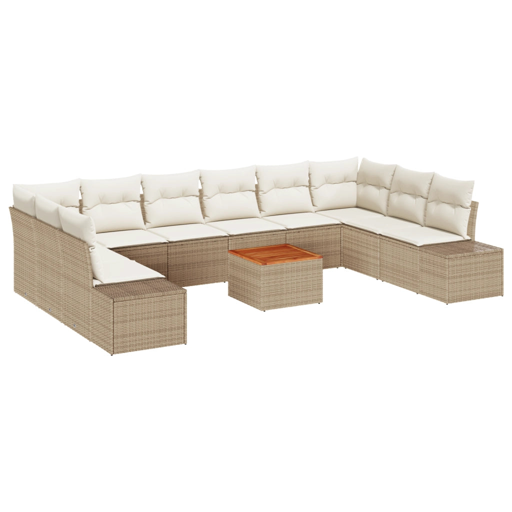 Set Divano da Giardino di 11 Pezzi con Cuscini Beige in Polyrattan e Acacia