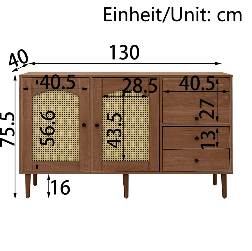 Credenza 130x75.5x40 cm con ante effetto rattan e ripiani regolabili; pannello truciolare