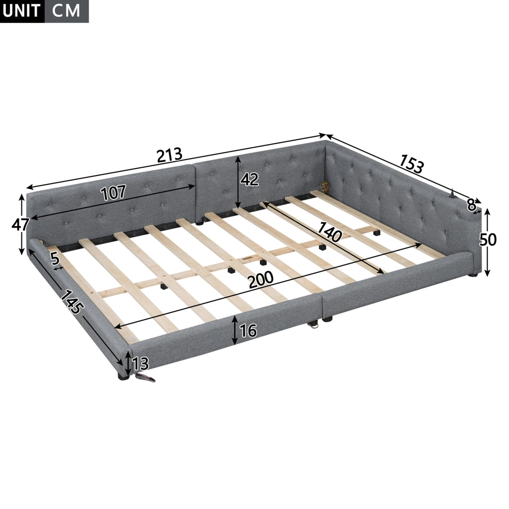 Letto 140x200 cm con LED; USB e Type-C in lino grigio