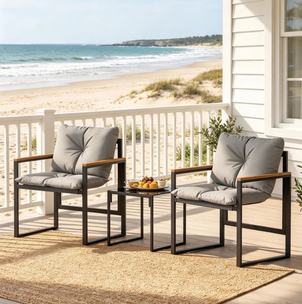 Set da giardino 3 pezzi con 2 sedie e tavolino in metallo nero e grigio; 64x62x68 cm