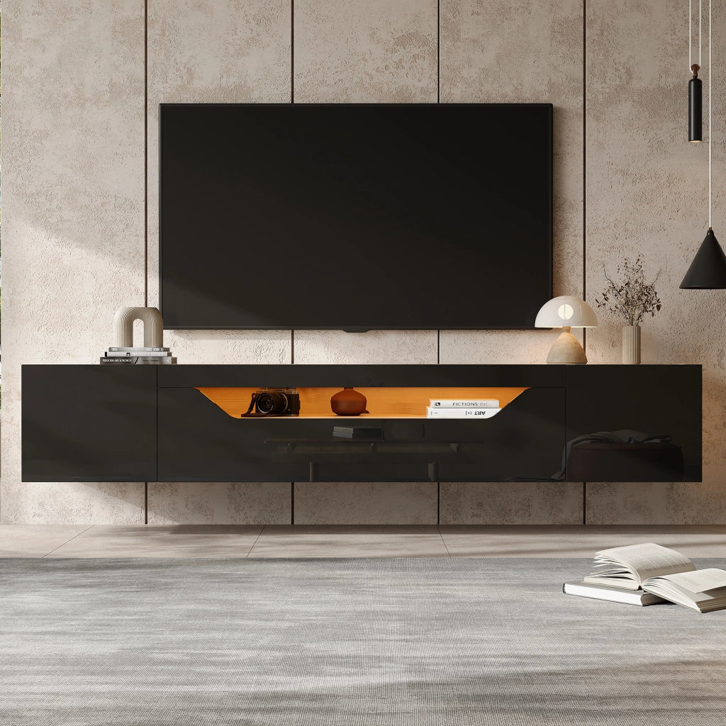 Mobile porta TV sospeso con LED e 3 vani in pannello truciolare beige e nero 180 × 37 × 36 cm