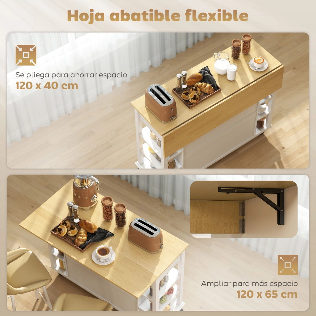 Carrello da Cucina con Ruote ¨C Xylo ¨C Piano Pieghevole 2 Ante 2 Cassetti 6 Ripiani Bianco