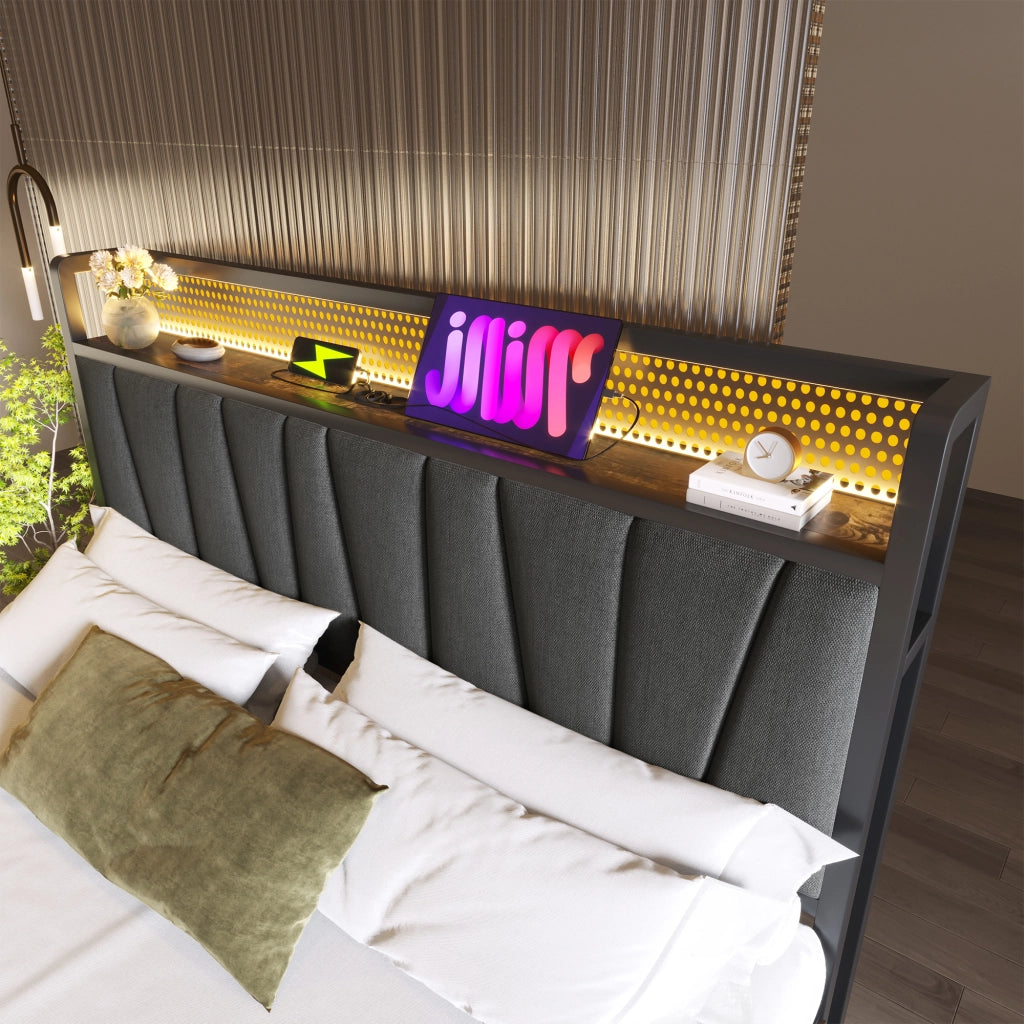 Letto Contenitore Letto Matrimoniale 180×200 cm con USB; Prese e LED Regolabile; senza Materasso; Grigio
