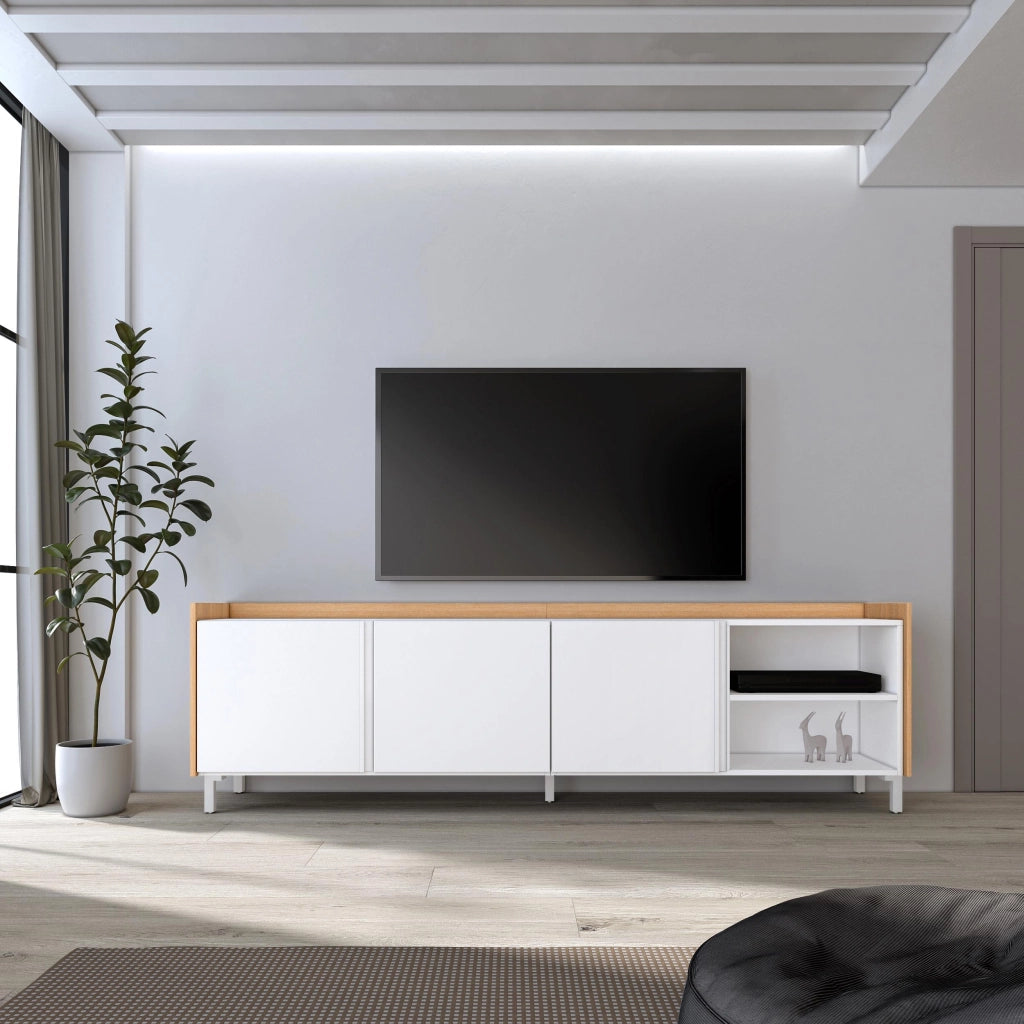 Mobile TV Soggiorno, 207x61x35 cm, Per TV fino a 80", Design industriale, Bianco e Rovere soft
