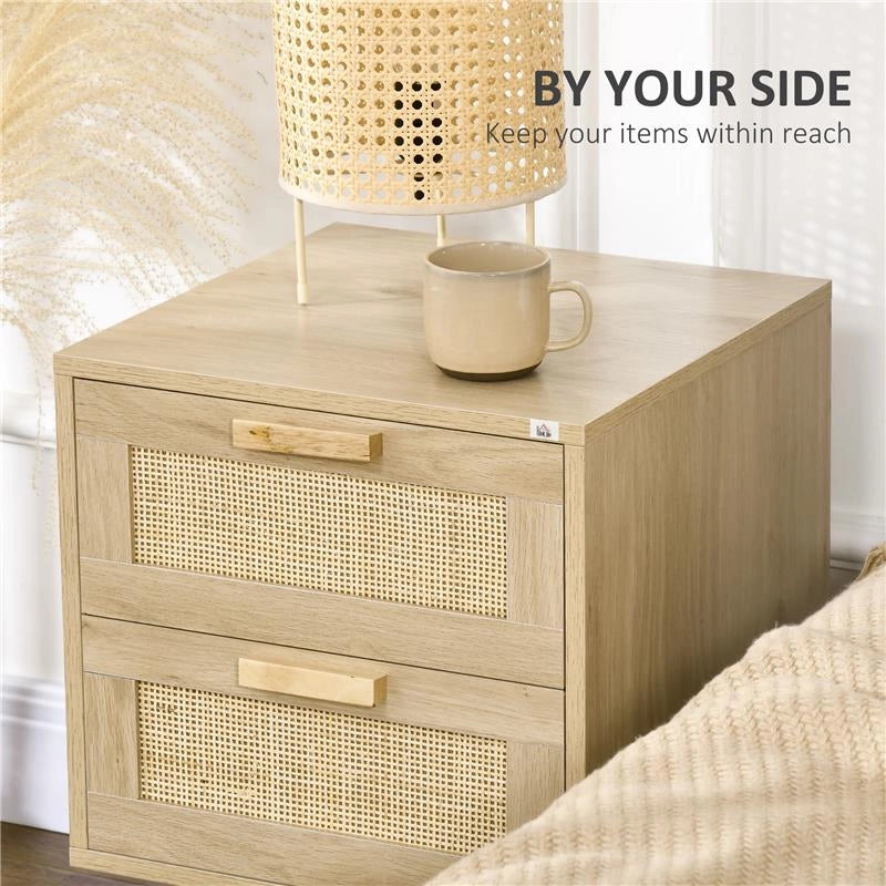 COMODINO PER CAMERA DA LETTO CON 2 CASSETTI IN STILE BOHO, 40X40X56CM, COLORE LEGNO NATURALE