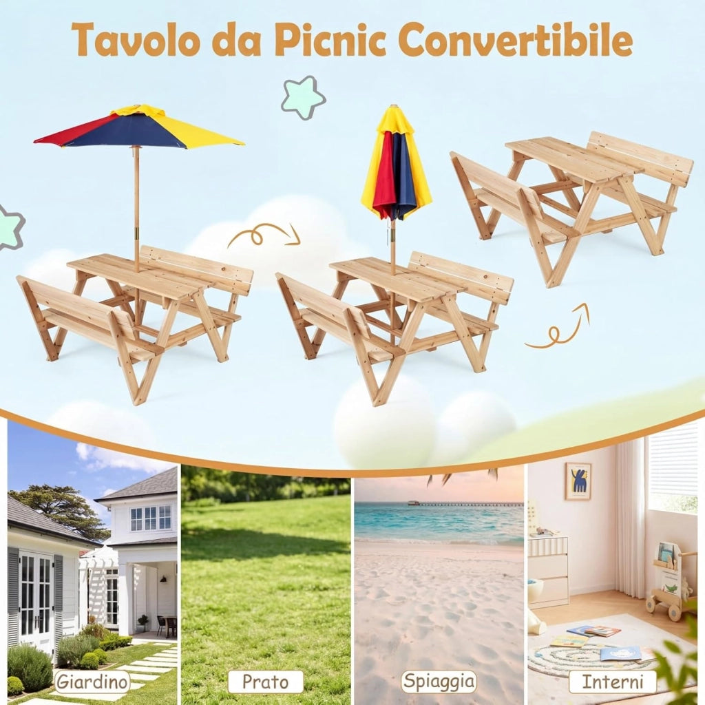 Tavolo da Picnic per Bambini, Set Tavolo e Panche da Giardino con Ombrellone Regolabile in Altezza e Struttura in Legno Massello per Campeggio e Picnic per Bambini 3-8 Anni