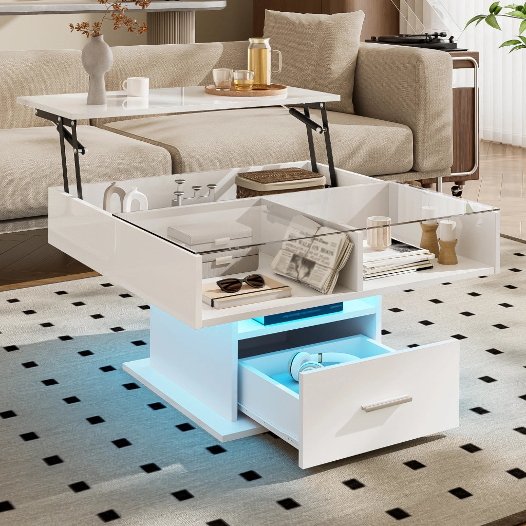 Tavolino da Salotto Sollevabile con 1 Cassetto e 1 Vano e LED; Finitura Lucida; in Pannelli di Truciolare; Bianco