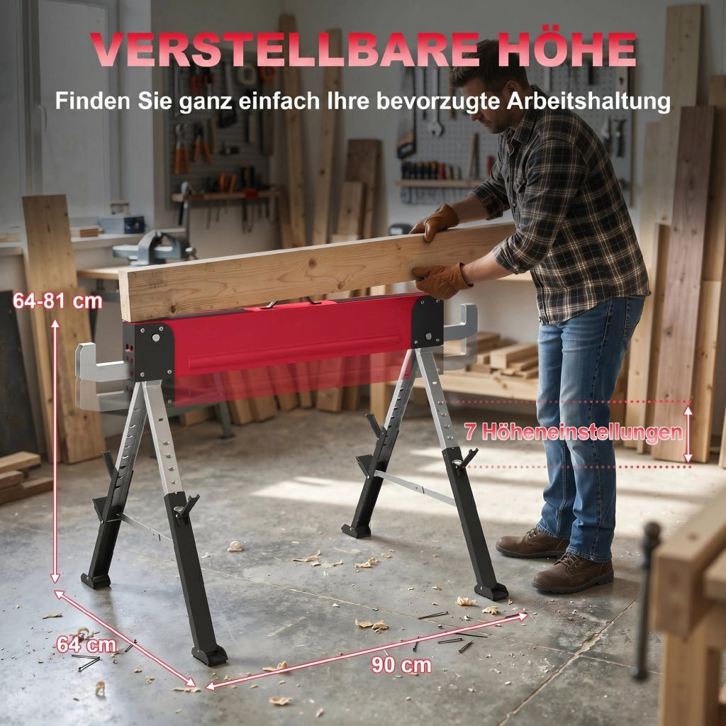 Cavalletto da lavoro pieghevole ¨C Zephmum ¨C 7 regolazioni altezza 64-81 cm metallo rosso