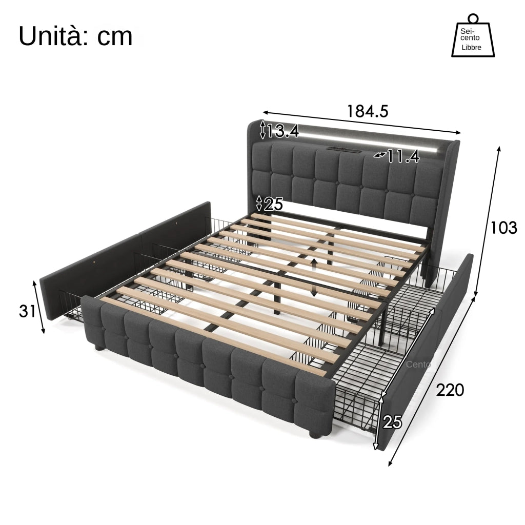 Letto matrimoniale imbottito 180x200 cm con LED; USB; prese; 4 cassetti e rete a doghe; grigio