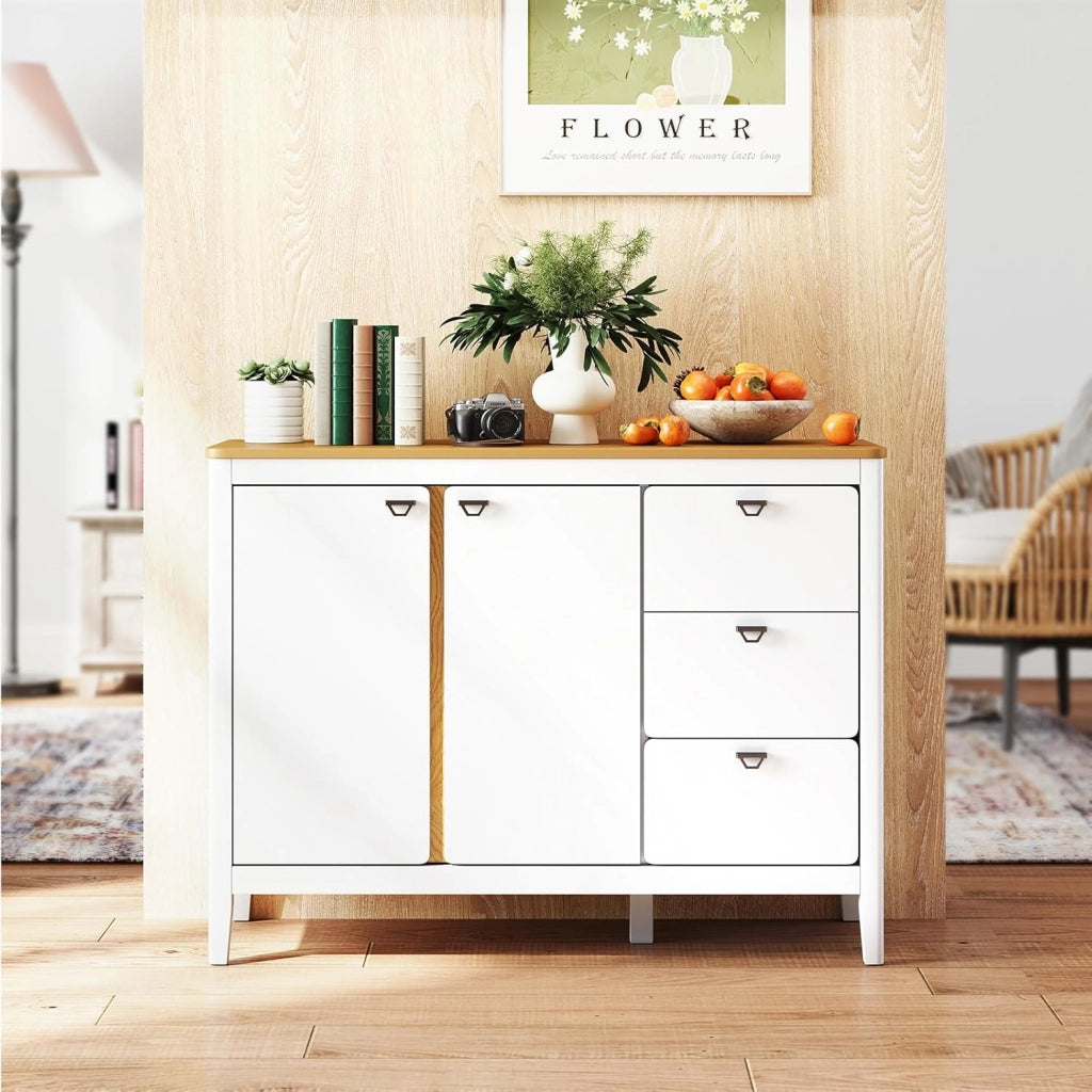 Credenza da cucina con 3 cassetti e 1 armadio con ante e protezione antiribaltamento e ripiano regolabile, per soggiorno, cucina, sala da pranzo, 106 x 40 x 80 cm
