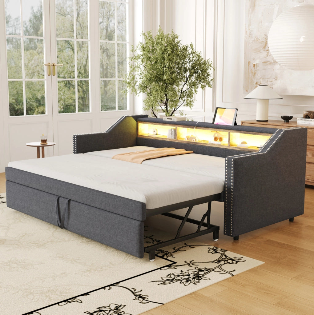 Divano letto imbottito estraibile 90/180 x 190 cm in tessuto tipo lino; grigio scuro; con LED e USB