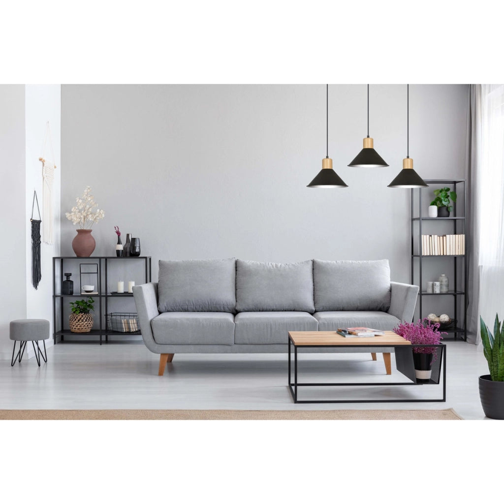 Lampada a sospensione ROWEN in acciaio nero e legno