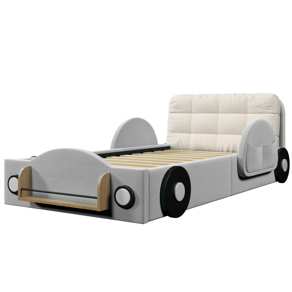 Letto Contenitore 90x200 cm; Letto Singolo con Tasche laterali e Libreria; Flanella Grigio