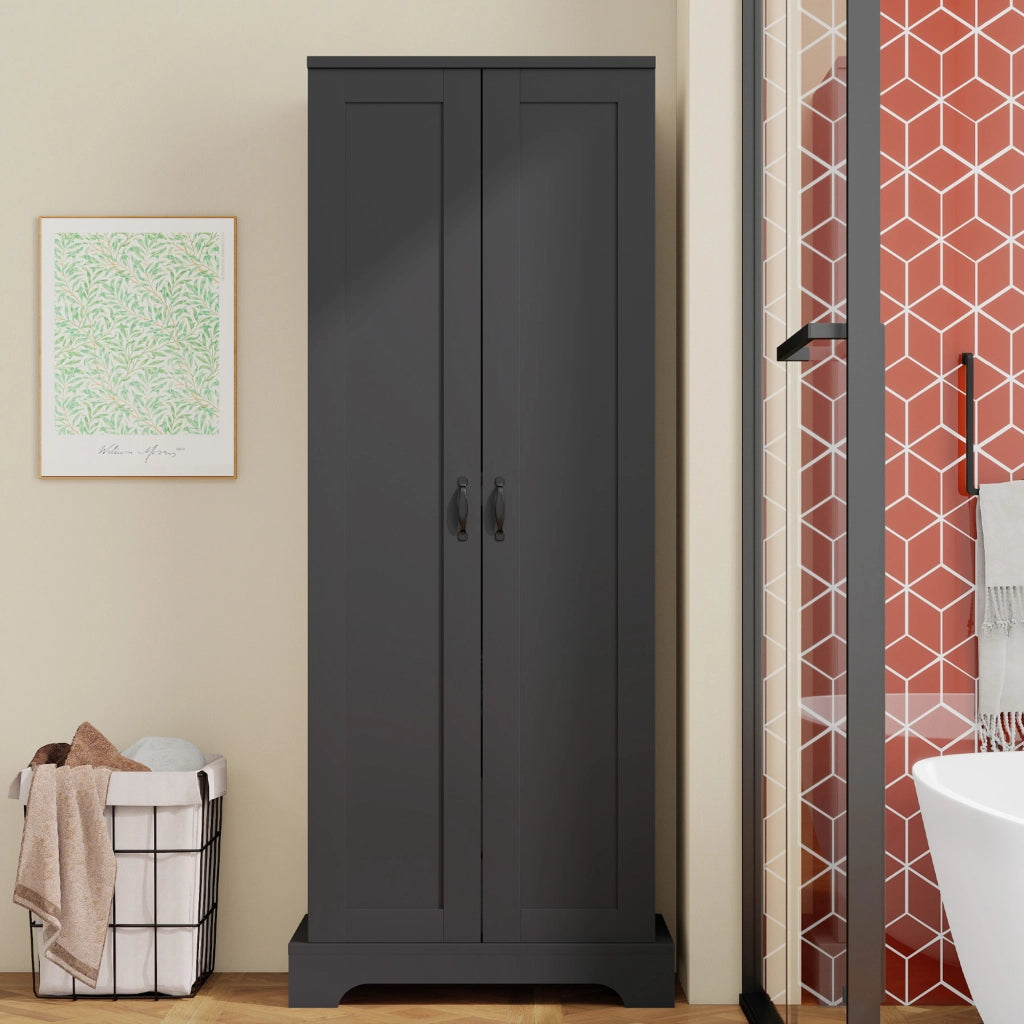 Armadietto da bagno con 2 ante, 4 ripiani regolabili e chiusura soft-close, per bagno, nero, 56 × 40 × 170 cm