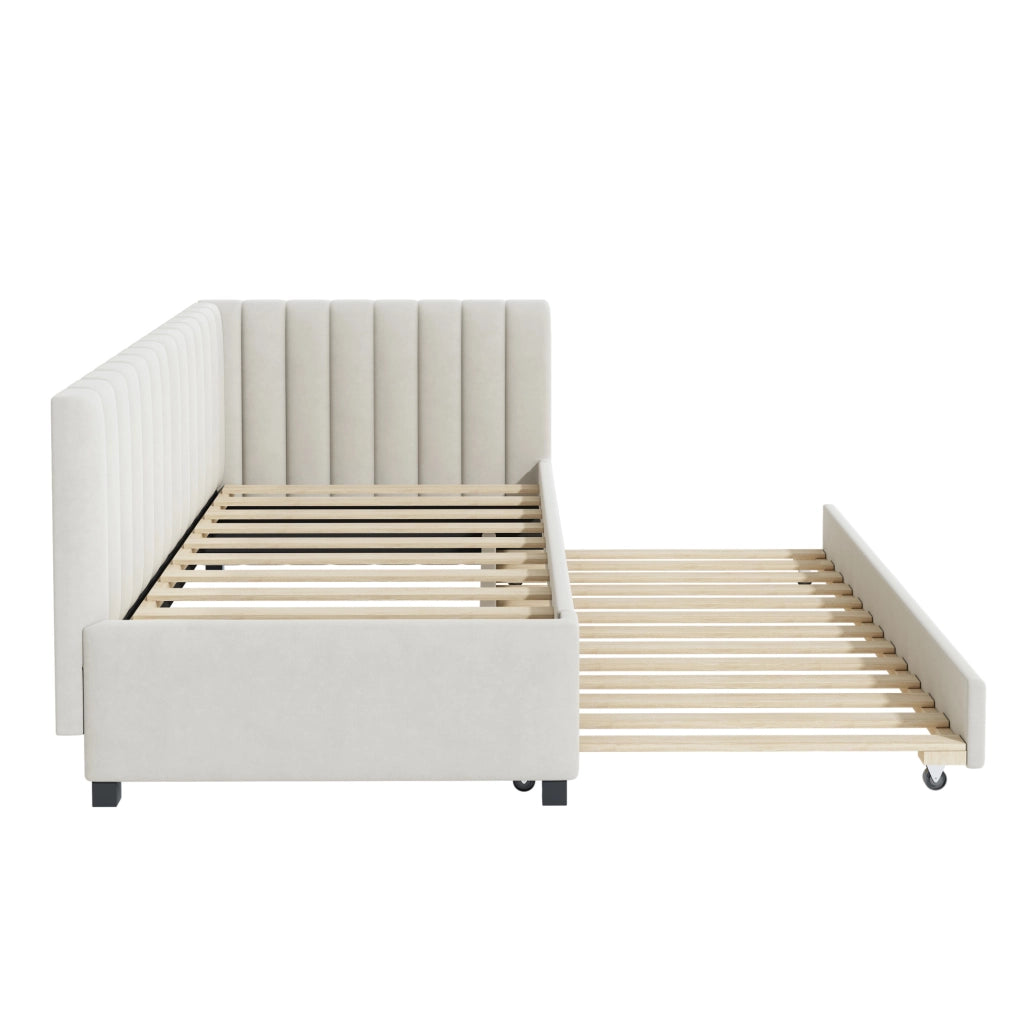 Letto imbottito 90x200 cm; convertibile con letto estraibile; velluto beige (Senza materasso)