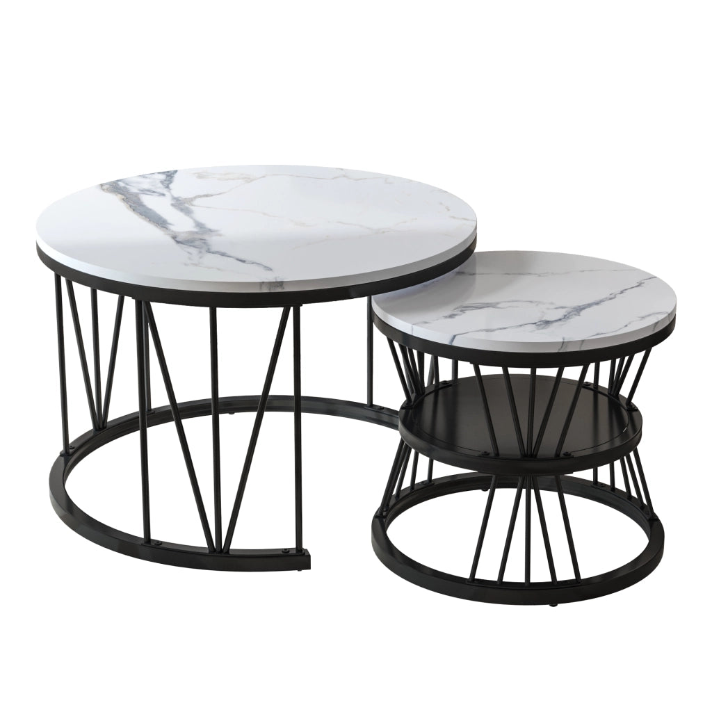 Tavolino da salotto rotondo 70x70x45 cm; set 2 pezzi sovrapponibile; tavolino salotto moderno con struttura in metallo nero e piano effetto marmo nero