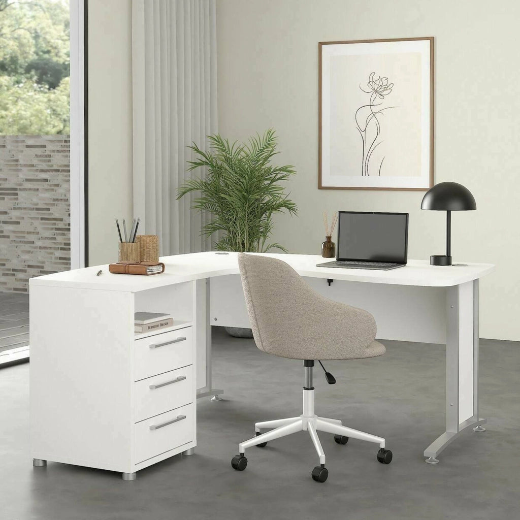 Scrivania Estong, Scrittoio multiuso, Tavolo per ufficio porta PC, Piano di lavoro, 159x150 h75 cm, Bianco e Grigio