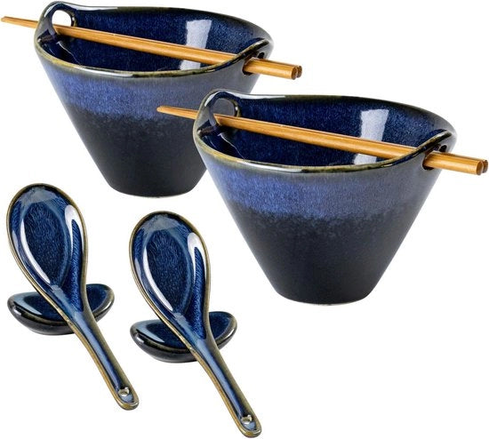 Set di piatti di ceramica per ramen, 2 pezzi, 780 ml, set di piatti per ramen giapponesi, ciotola di zuppa con posate, cucchiaio e cucchiaio di servizio, gradiente verde