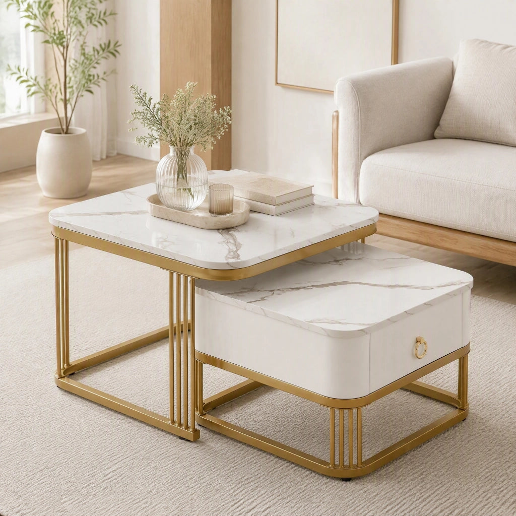 Set di tavolini da salotto impilabili in MDF; effetto marmo lucido; bianco e oro
