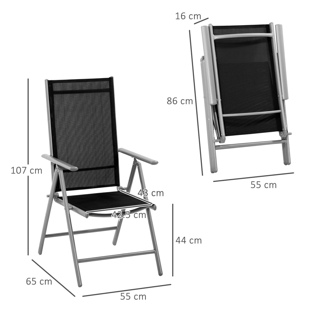 Sedia da Giardino Pieghevole in Alluminio e Texteline Schienale Regolabile a 7 Livelli, Nero 65x55x85-105cm