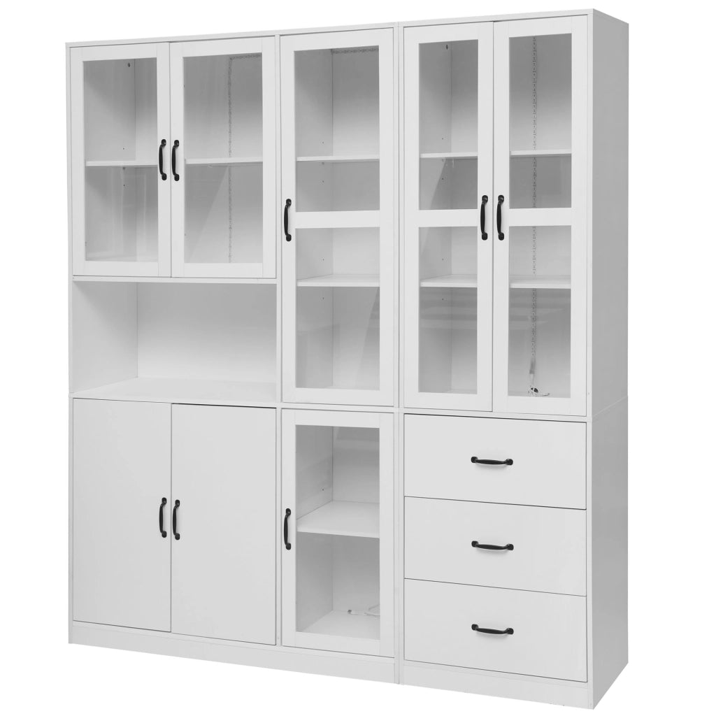 Vetrina combinata bianca con LED USB, 8 ante e 3 cassetti, 180x40x200 cm