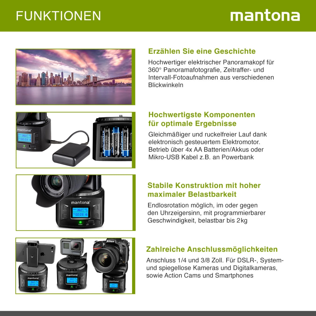 Mantona Electric 360° Panorama Head - Testa per treppiede programmabile per time-lapse e riprese intervallate, capacità di carico di 2 kg, testa panoramica ideale per GoPro e gli smartphone