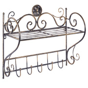 Mensola da parete per bagno in metallo nero 42 x 47 cm Ripiano singolo sospeso con ganci effetto anticato in stile vintage