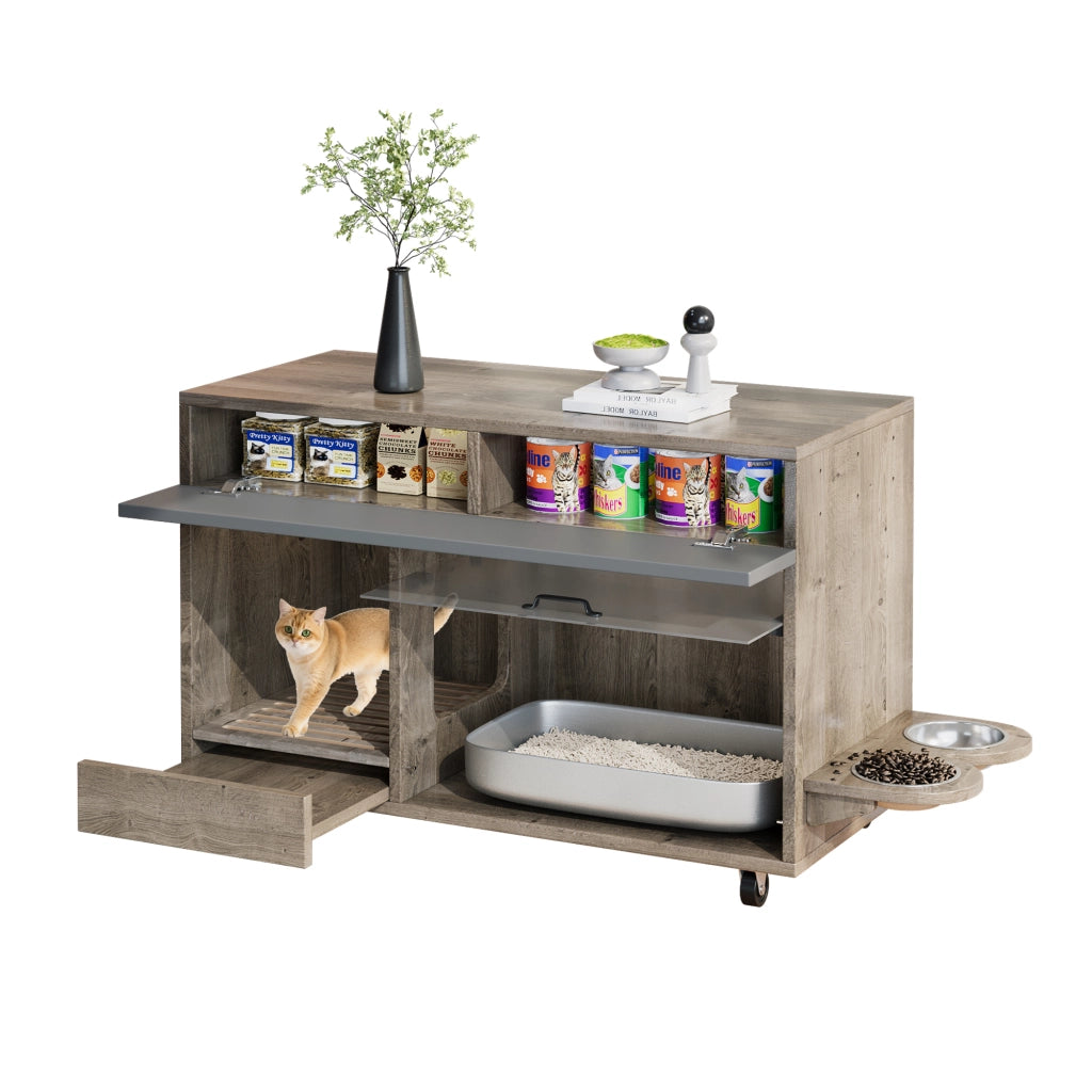Mobiletto per Lettiera Gatto con Ciotole ¨C MINIMAL ¨C Legno, Rovere/Antracite, 100x45.5x67