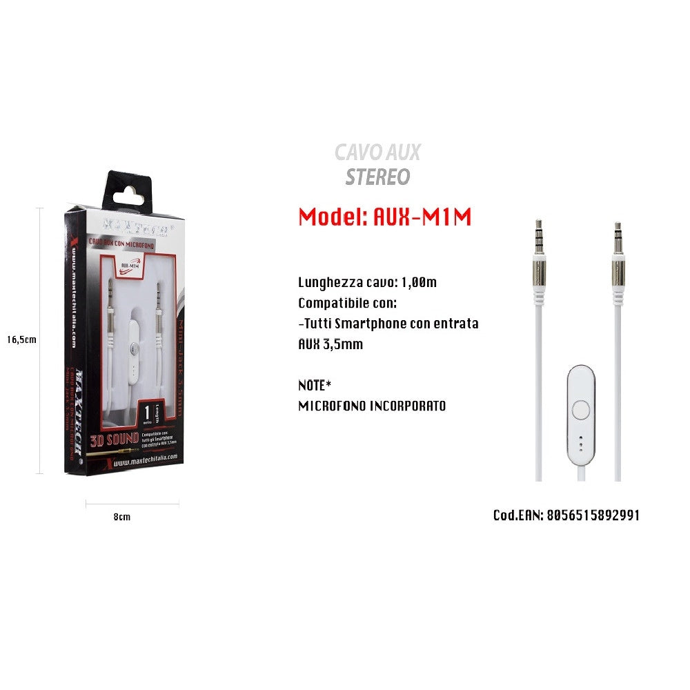 Trade Shop - Cavo Audio 3,5mm Aux Stereo Con Microfono Incorporato Per Smartphone 1mt Maxtech Aux-m1m -