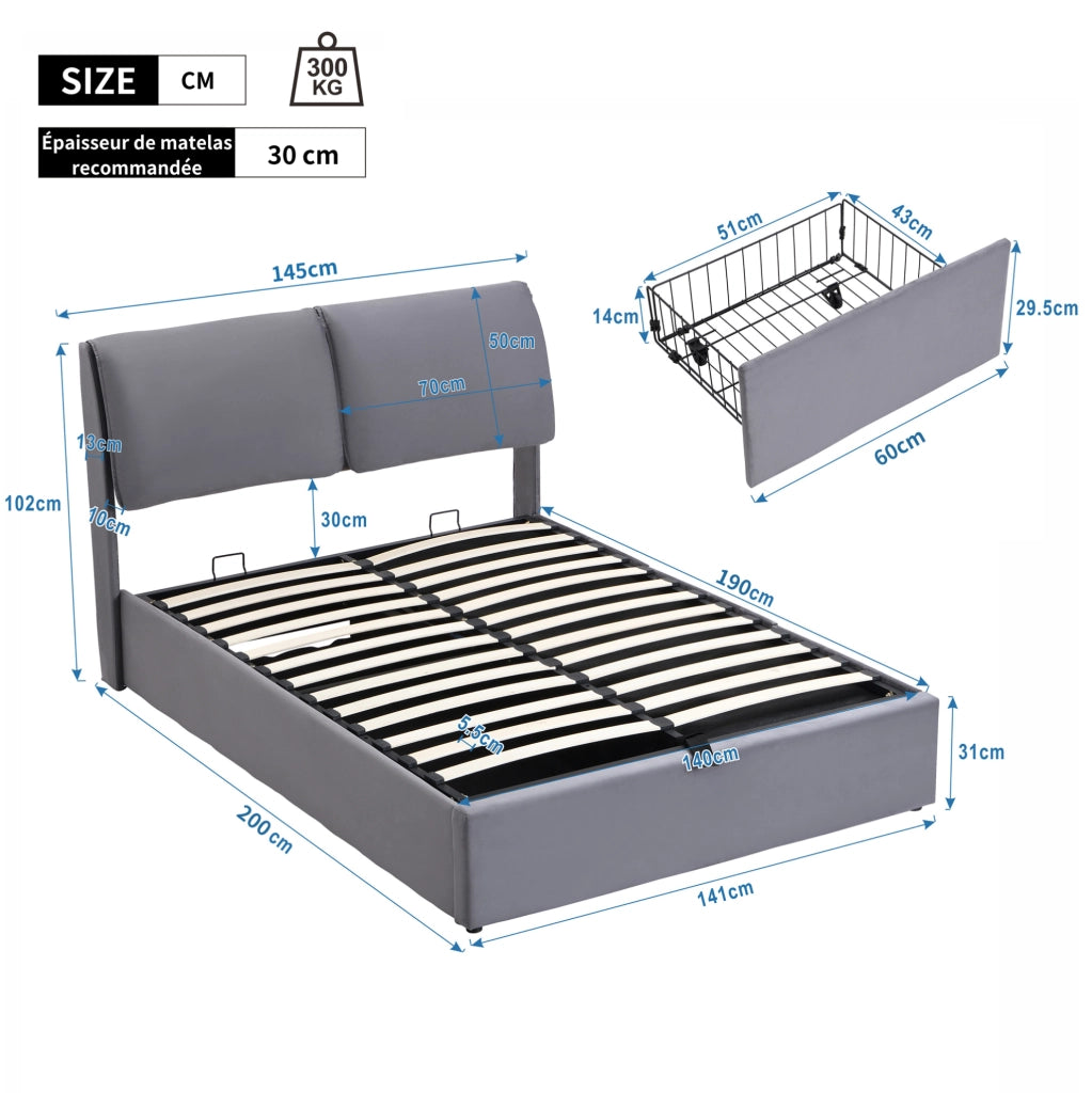 Letto imbottito in velluto grigio 140x190 cm con contenitore; 3 cassetti e testiera regolabile