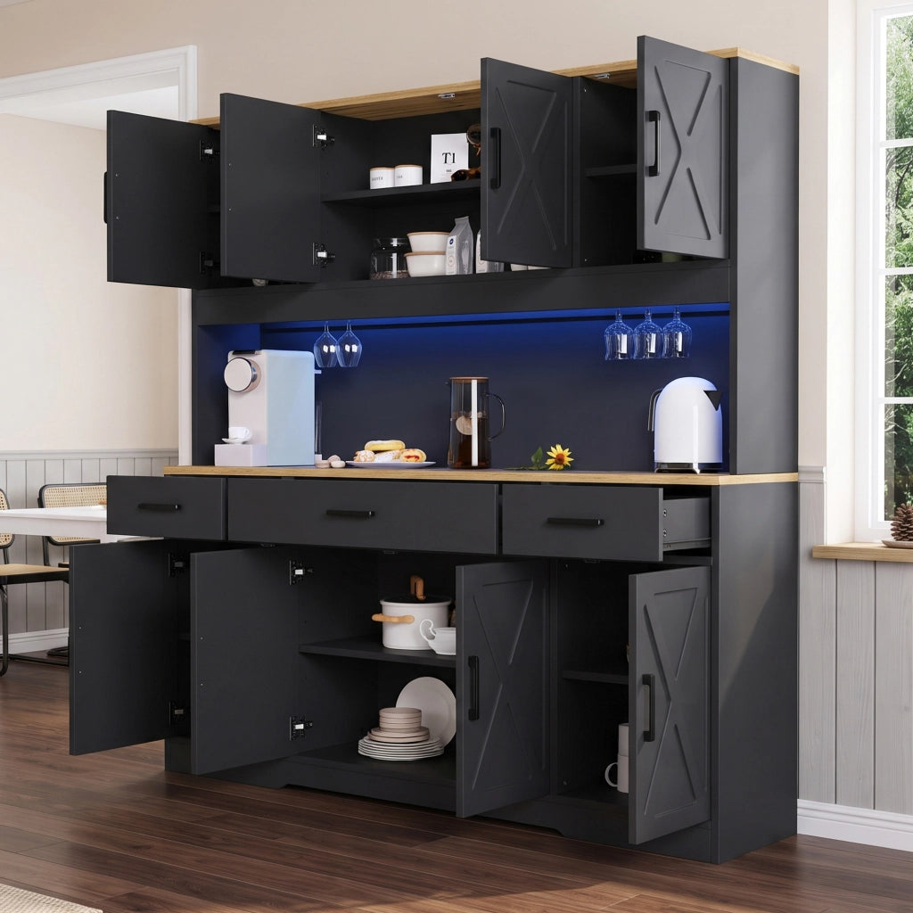 Credenza alta 150x40x180 cm con vani; 2 portabicchieri; presa; USB-A; USB-C e LED multicolore; nero e rovere