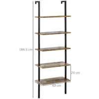 Libreria Moderna a Scala con 5 Ripiani e Dispositivo Antiribaltamento, Design a Muro, in Legno e Metallo, 60x30x184.5 cm, Marrone