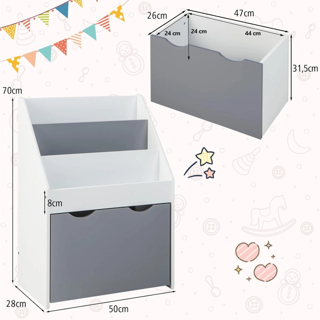 Libreria Montessoriana per Bambini, Scaffale per Libri a 3 Livelli con Cassetto Inferiore e 4 Ruote, per Cameretta, Stanza dei Giochi e Asilo, 50 x 28 x 70 cm, Grigio e Bianco