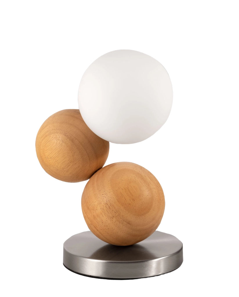 Lampada da Tavolo Micky 23cm in Metallo, Legno e Vetro Soffiato, Colore Quercia, Regolazione Luce al Tocco, Sorgente G9 20W inclusa - Micky