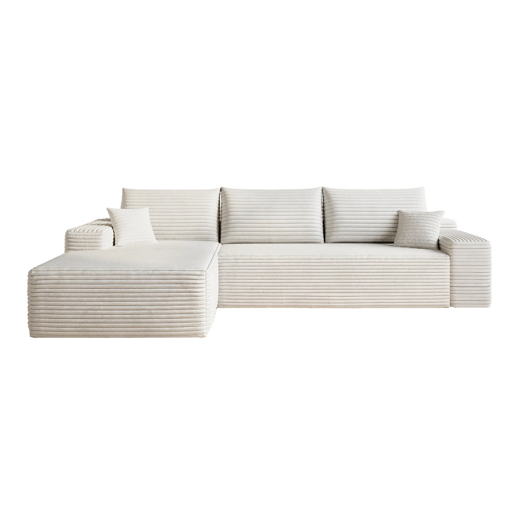Divano angolare modulare con chaise longue in tessuto a righe, imbottitura in schiuma elastica, bianco 270 cm