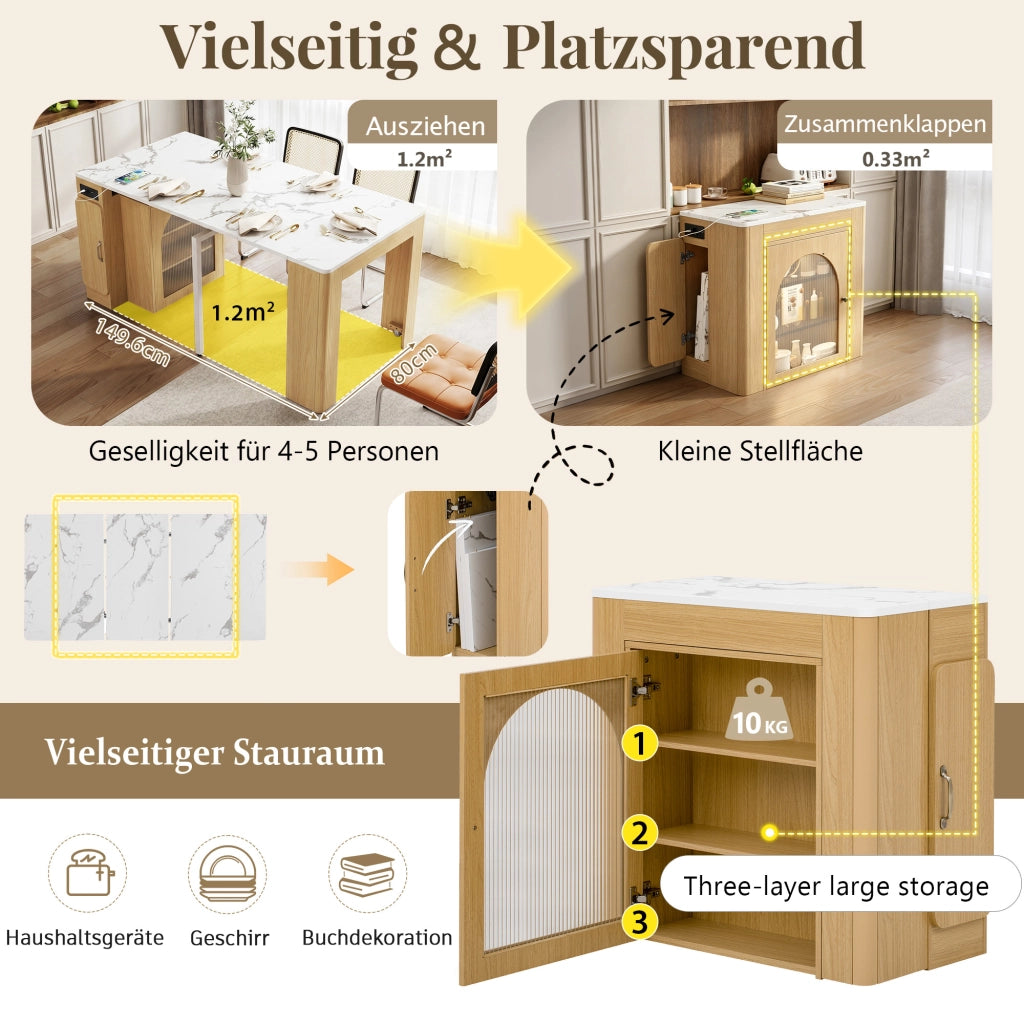 Tavolo da pranzo - isola cucina su ruote - piano estraibile - con prese - naturale - come anta e sideboard