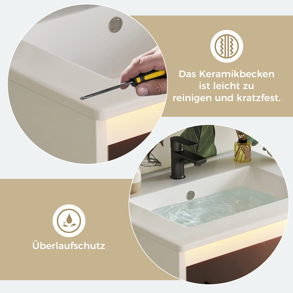 Mobile sottolavabo con lavabo in ceramica, 2 cassetti e 1 anta, per bagno, bianco, 61 × 46,5 × 87 cm