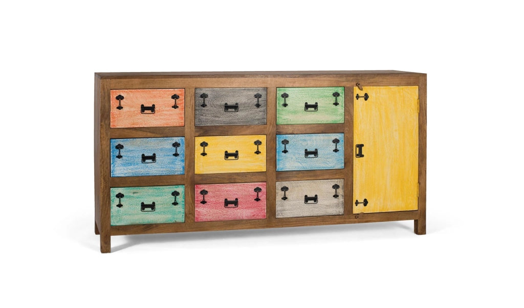 Credenza a 9 cassetti realizzata in legno massello multicolore