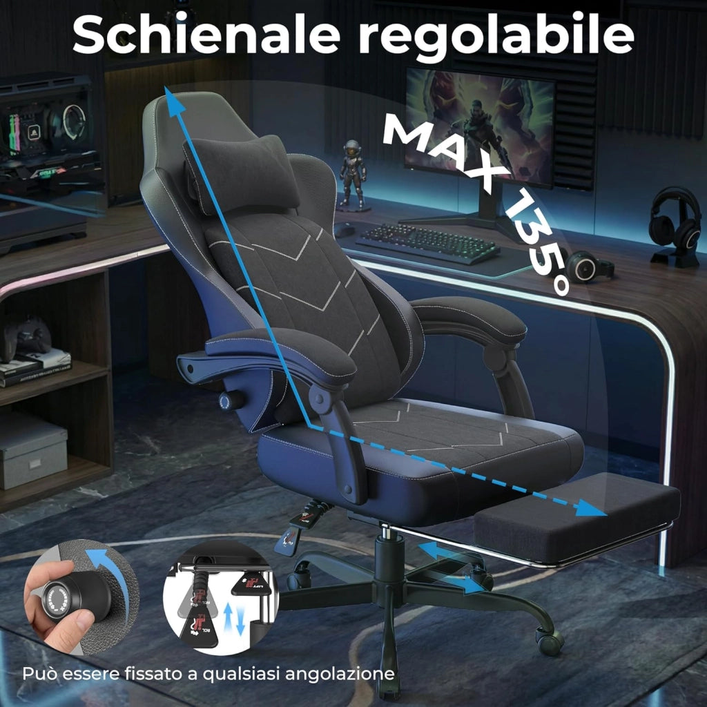 Sedia girevole per videogiochi con supporto lombare, poltrona ergonomica con molle + cuscino in schiuma ad alta densità, schienale reclinabile a 135°, altezza regolabile 10 cm, braccioli