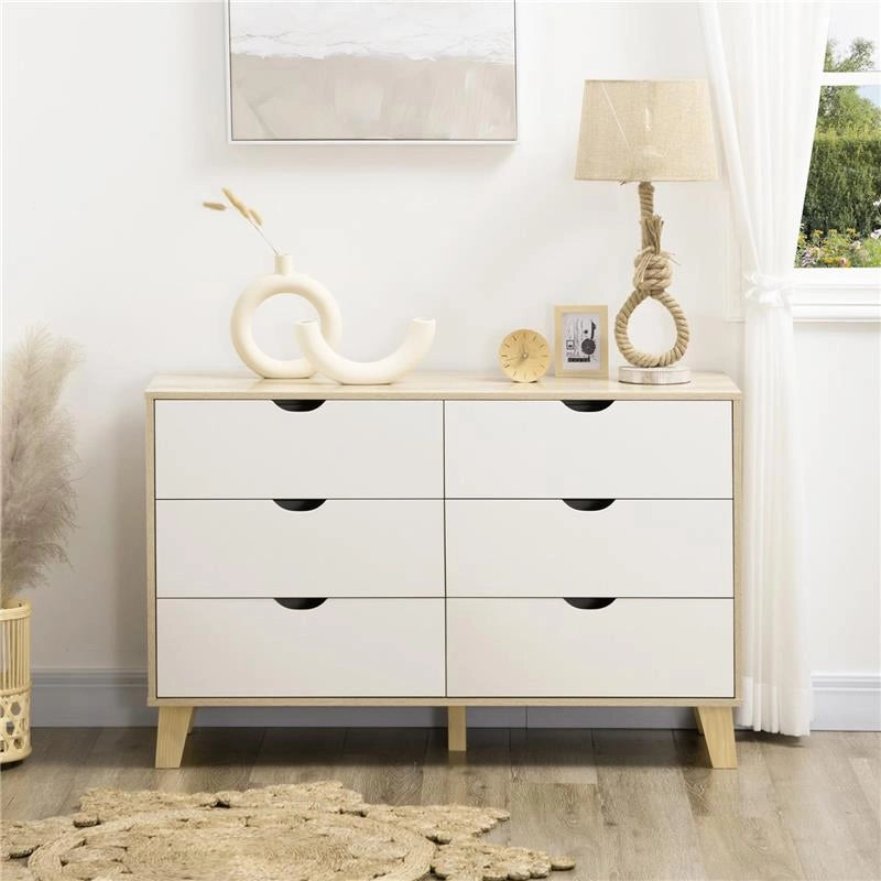 CASSETTIERA 6 CASSETTI CON MANIGLIE INTAGLIATE IN LEGNO 120X40X76 CM BIANCO E ROVERE
