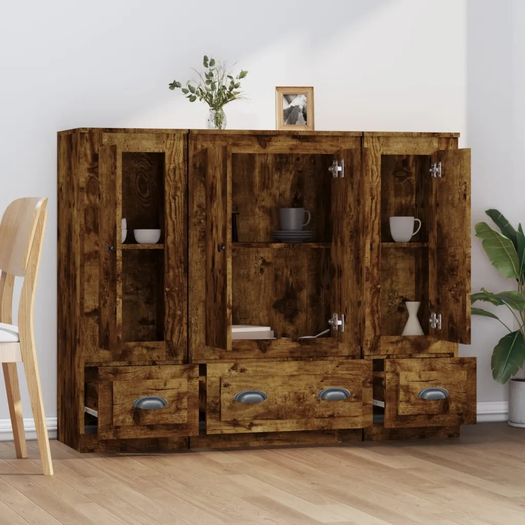Credenze 3 pz | Madia | Buffet da pranzo | Armadio da pranzo Rovere Fumo in Legno Multistrato