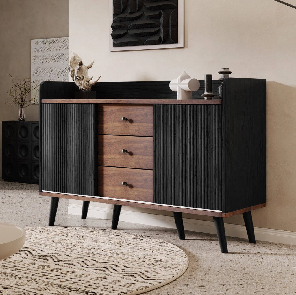 Sideboard 117.5x40x80 cm con 3 cassetti; ante scorrevoli e ripiani; nero e legno