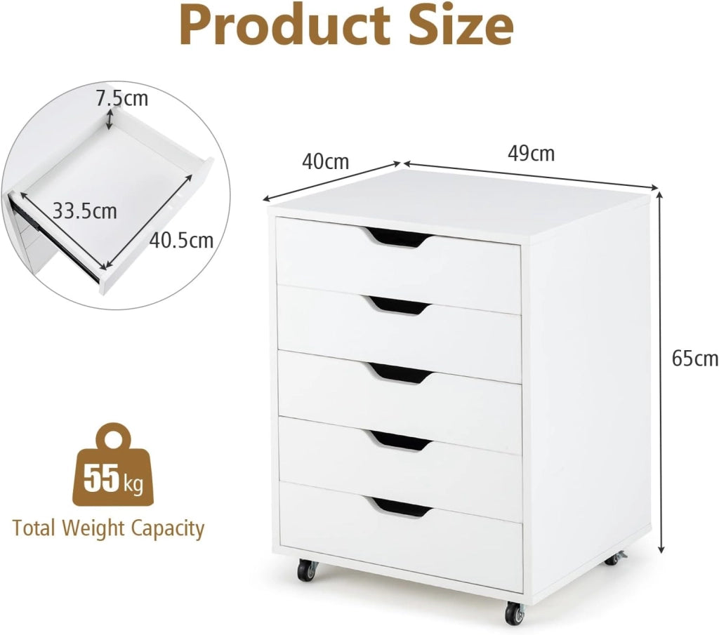 Cassettiera a 5 cassetti con maniglie nascoste, cassettiera mobile con 2 ruote bloccate, cassettiera in legno, per ufficio, soggiorno, 49 x 40 x 65 cm, bianco