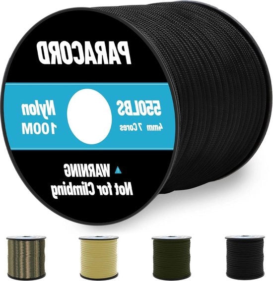 100 m - corda in nylon - 4 mm - 7 fibre - nero - cinturino linea collare survival - max. 250kg