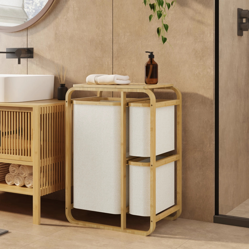 Mobile Portabiancheria Evenes in Bambù e 3 Sacchi Estraibili 70,5 x 49,5 x 33 cm Beige [en.casa]