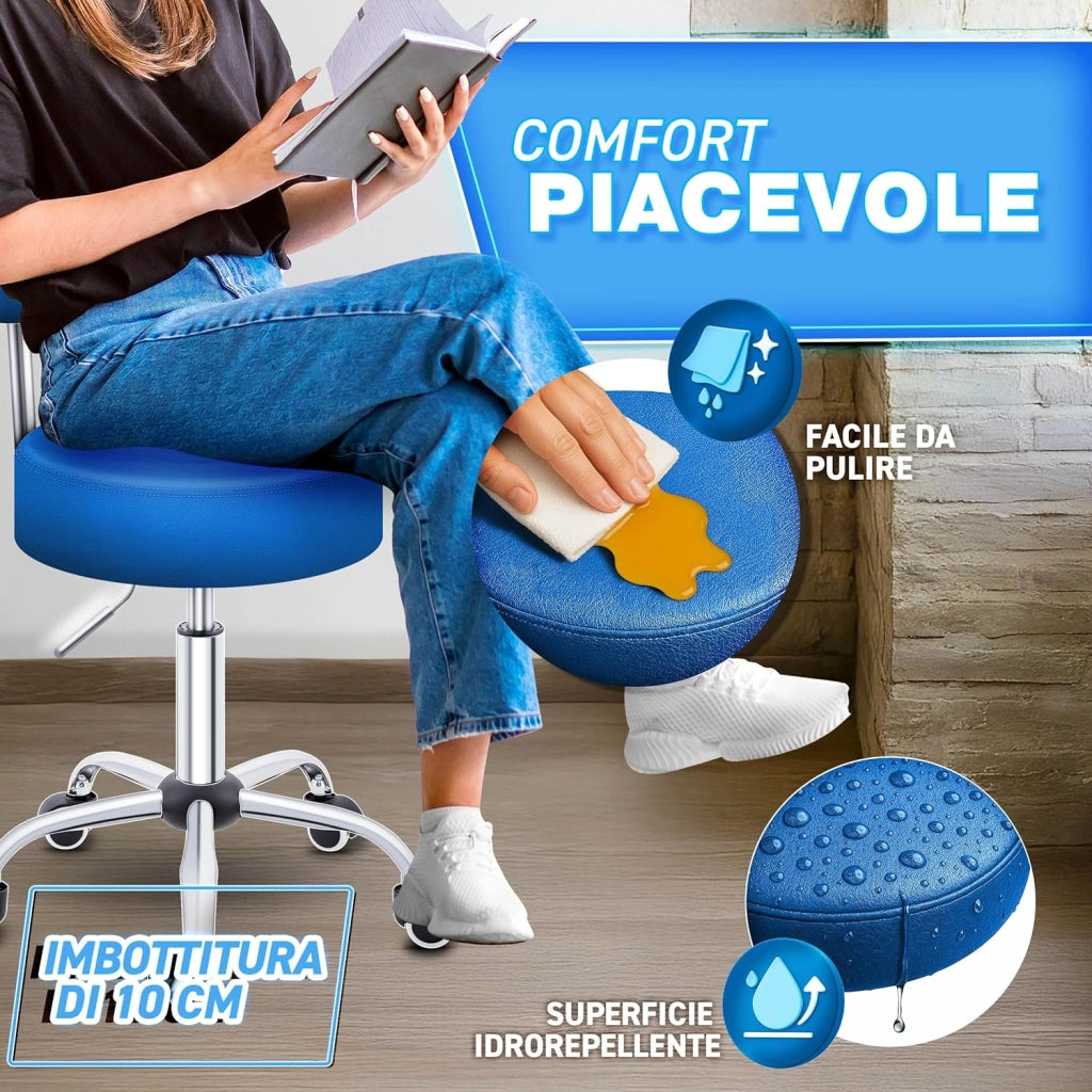 Sgabello con ruote con schienale blu, altezza regolabile da 46 a 58 cm, con ruote, sgabello girevole per cosmetici